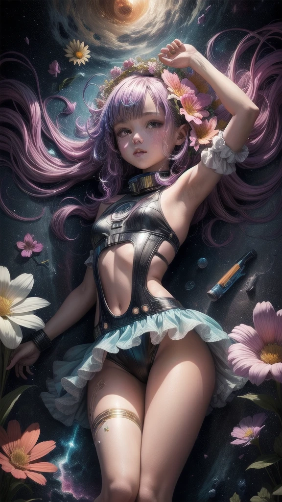 "((Galactic)) scene portraying an alien girl surrounded by a symphony of clouds, splashes of vivid colors, and delicate flowers, an imaginative composition that sparks the viewer's curiosity", contrast, saturation