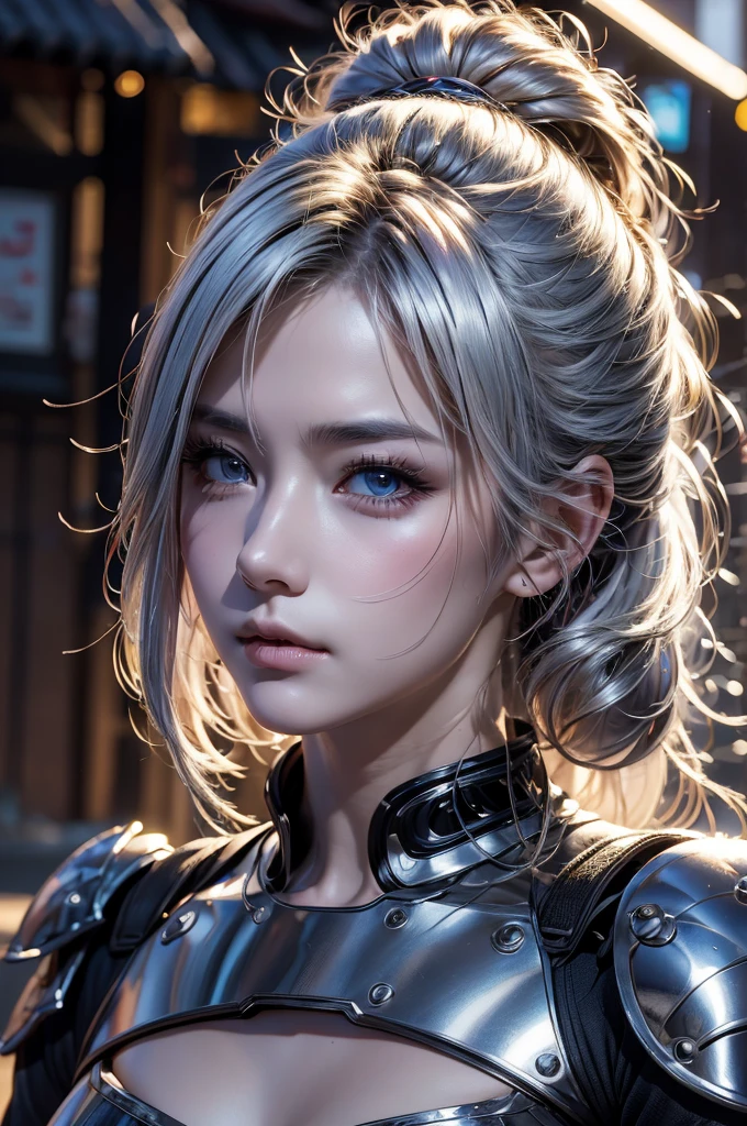 samurai、female、1 person、Samurai residence、cool、sexy、Armor、Japanese sword、have、the wind is strong、fog、highest quality、8k Masterpiece、超A high resolution、(Photorealistic:1.3)、RAW Photos、((Ultra-Realistic Details))、Portrait、Global Illumination、Shadow、Octane Rendering、8k、Super sharp、Beautiful breasts、Metal、Cold colors、、Very intricate details、Realistic Light、CGSoation Trend、femaleの子1 person、Silvery white hair、Glowing Skin、Super beautiful cyberpunk soldier、Beautiful Eyes、Shining Eyes、sexy、Lots of exposure