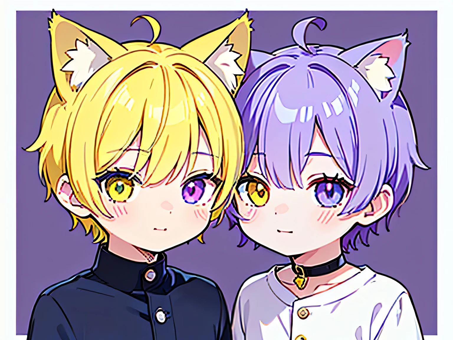 masterpiece , detailed , 2 young boys , boy face , ( yellow short hair boy with dog ears:1.4 ) , ( yellow hair boy has dog ears:1.2 ) , ( purple short hair boy with cat ear:1.4 ) , ( chibi character:1.3 ) , side by side, upper body , smile , ( red and bule heterochromia:1.3 ) , ( red odd eye:1.3 ) , ( blue odd eye:1.3 ) , simple white background