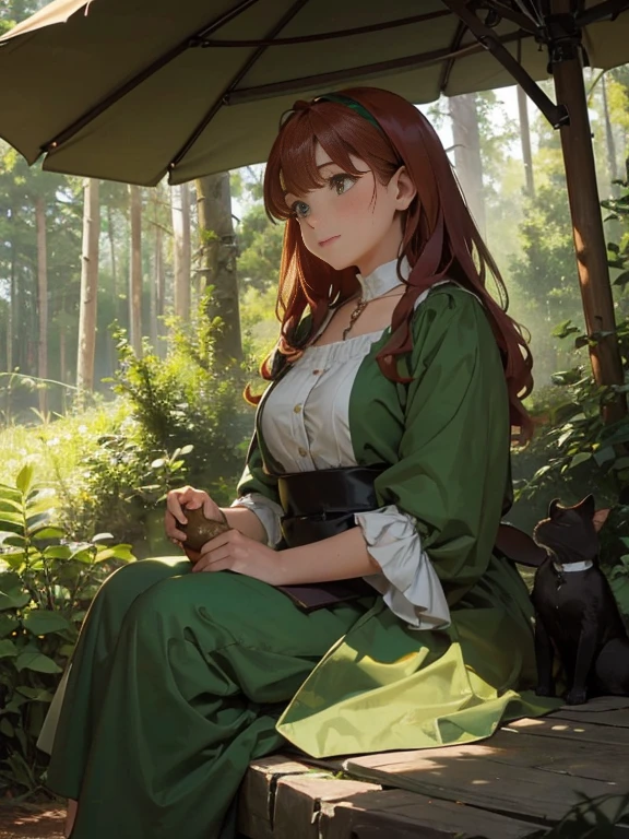 1 cute chubby brown-eyed red-haired girl 22 years old in a medieval dress(brown and green colors), sitting on a stump in the middle of a forest clearing(thoughtful expression), A well-fed erect black cat stands nearby(cat-Hippopotamus:1.1)(walking on hind legs:1.2)(crosskemono:1.1); realistic environment, many small environmental details, Intricate details, high quality textures, high detail, realistic textures
