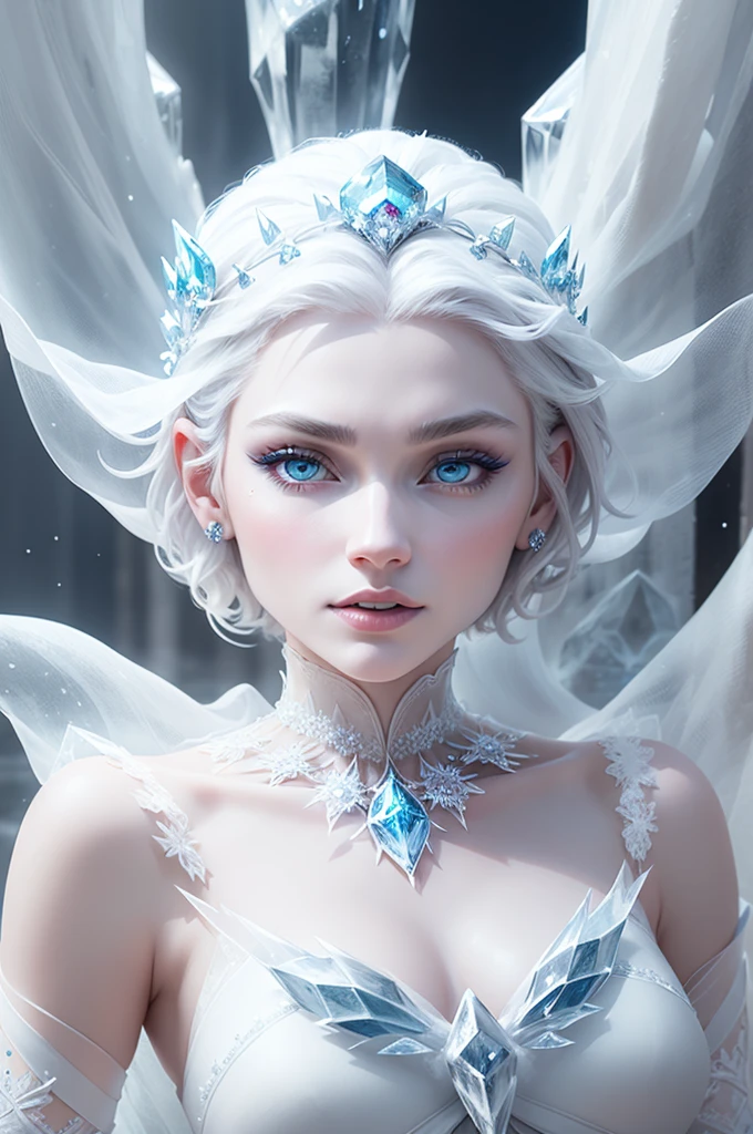 a beautiful ice goddess, good face, happy face, short hair, realistic eyes, ice magician, ice elemental, intricate design and details, chilling mist, cold, blizzard storm, conjuring ice spell, casting ice spell, detailed dress, (white dress:1.5), realistic ice effect, ((ice:1.5)), snow particles, dark fantasy art style, ruined city, dramatic lighting, cinematic,