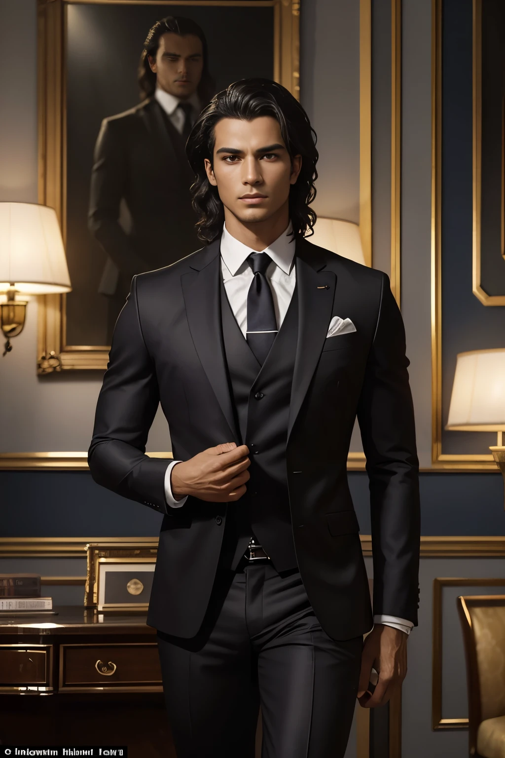 A Majestic Vision: Vinicius Magnum, Clad in an Impressive, Well-Fitted Suit with a Distinct Silhouette, Exuding an Aura of Charisma and Confidence. His hair, a rich, wavy, dark brown, cascades gracefully down his back, framing a chiseled, masculine face. His eyes, a striking hazel, are filled with an intelligent and determined gaze, reflecting the depth of his wisdom.

This captivating portrait is set against a dimly lit, luxurious room, reminiscent of a high-end executive office. The room, with its Dutch angle, emanates an atmosphere of power and mystery