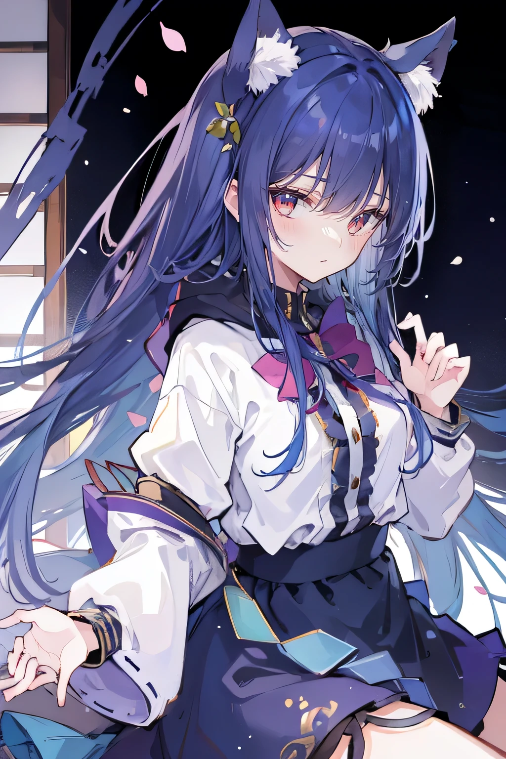 （masterpiece：1.2），Super detailed，lifelike，Expressive eyes，fair skin，perfect face shape，1 girl，
Japanese comics,Gorgeous blue hair,flowing blue hair,flowing clothes,Cat ears,Petals fall,beautiful lola,Baby Angel,
Shaking head with one hand，Cross your legs，Gentle and peaceful background，The pavilion is cool and comfortable,smile, wearing hoodie, background of tokyo,back views,snowing, winter,lie on the water. (Best Quality: 1.3), (Masterpiece: 1.3), (Illustration: 1.3), (Ultra Detailed: 1.3), (Imide Lens: 0.9), 1girl, Medium Breasts, Purple Eyes, ((Dark Blue Hair) ), hair accessories, young, clothing-gladiia, long hair, dark blue hair, indoors, black shorts, high socks, low ponytail, expressionless, upper body, close-up, coat, skirt,