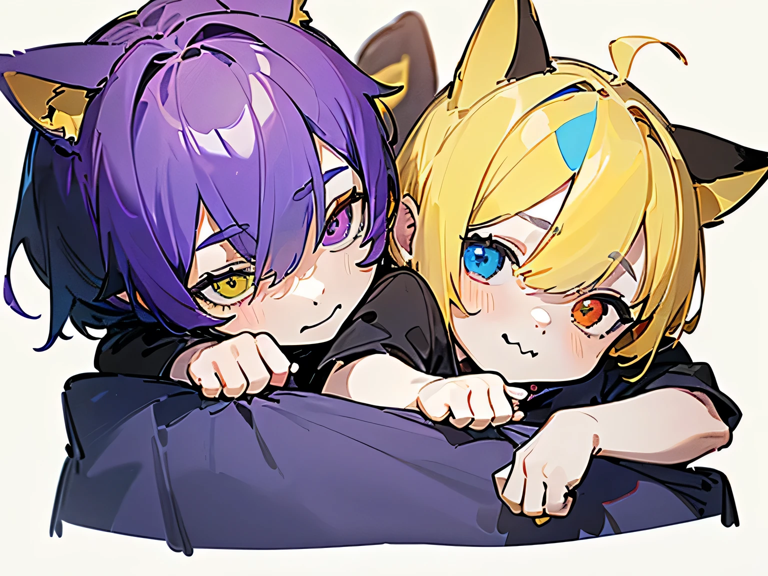 masterpiece , detailed , 2 young boys , ( yellow short hair boy with dropped dog ears:1.4 ) , ( yellow hair boy has dropped dog ears:1.2 ) , ( purple short hair boy with cat ear:1.4 ) , ( chibi character:1.3 ) , side by side, upper body , smile , ( red and bule heterochromia:1.3 ) , ( red odd eye:1.3 ) , ( blue odd eye:1.3 ) , simple white background