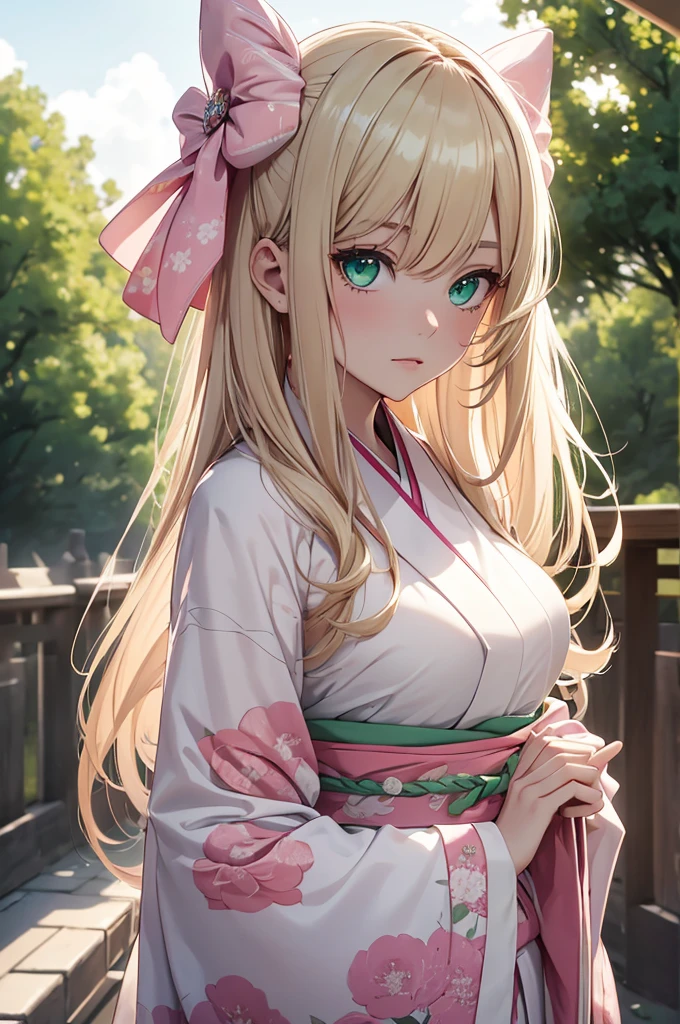 8K, Best Quality, Masterpiece, Ultra High Resolution, 1 Girl, Beautiful Eyes, Light Green Eyes, Face Details, Pink Blonde, Long Hair, Hair Bow, White Kimono, Pastel Kimono Pattern, Standing Outside, Pale Skin, Masterpiece, Best Quality, Upper Body, Looking at the Viewer