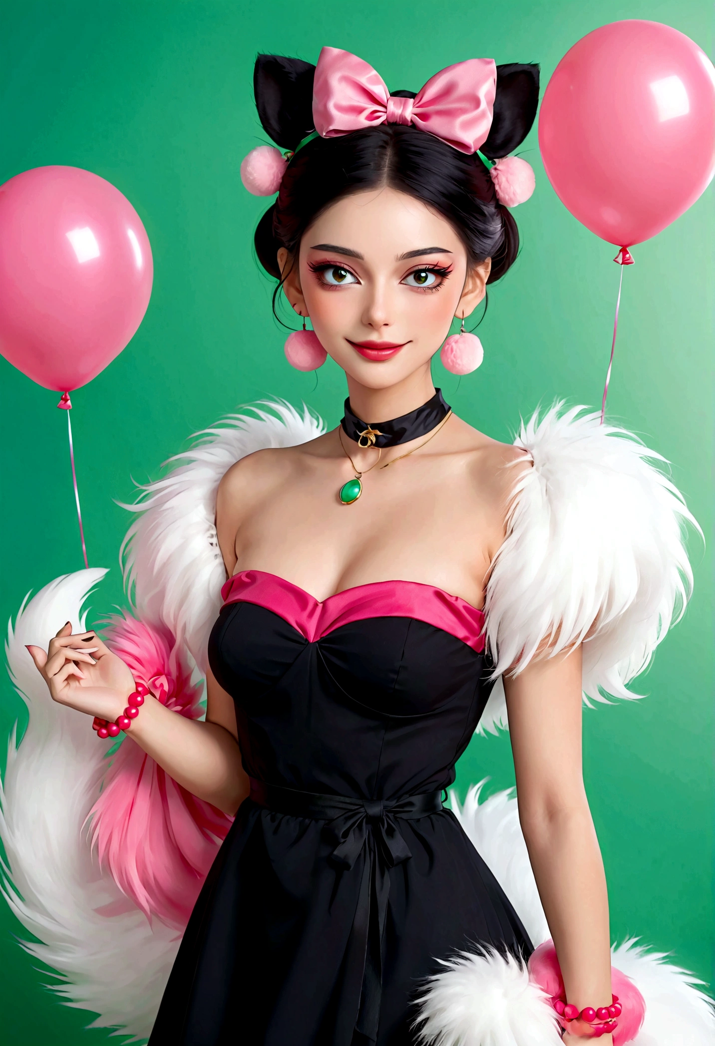 Noble and elegant girl，Beautiful face，beautiful eyes，Pink Eyeshadow，blush，Smile，(((1 big, fluffy tail)))，Black high bun，Pink pompom earrings，Sexy red tube top hip dress，Collar，Green Bracelet，Green balloon background wall blur