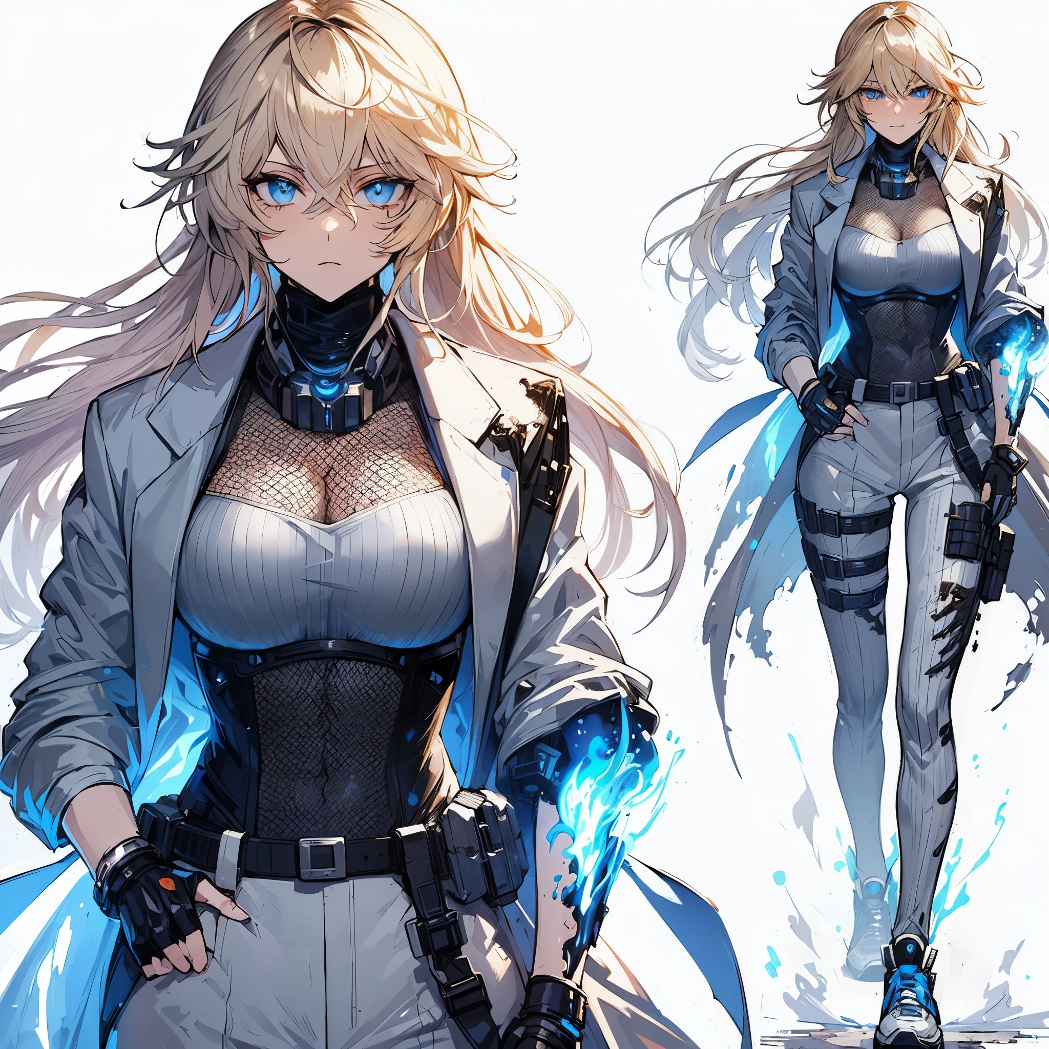 (Masterpiece, Top Quality), (Fine Hair), Ultra-Detailed, Anime Style, Solo, Full Length, Concept Art, Cyberpunk agent lady, wearing silver business suits, ragged gauntlet, tall and stylish, glowing blue eyes, sneaker, blonde. VERY MASSIVE. Muscular but feminine body shape, blue flame aura, White background, standing full length, standing on wasted earth,
