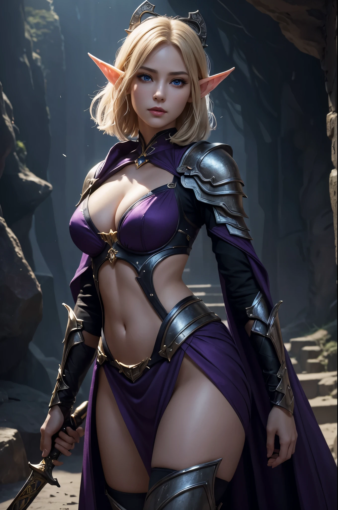 8K,Super beautiful elf with short blonde bob,Ala-Fed woman in purple and black costume posing with a sword, super detailed fantasy characters, 3D Rendering Character Art, blue eyes,ArtJam ; 3D Unreal Engine, Fantasy Costume, Stunning Armor, Amazing character art, Gorgeous Female Paladin,超A high resolution,Ultra-Realistic Skin,Beautiful expression,Sexy appearance,attractive,Beautiful breasts.Elf Ears,Model Chute Style、(the Extremely Detailed CG Unity 8k Wallpapers)、Full body photos of the most beautiful works of art in the world、Front 4 poses、Pearl Skin、diamond、Medieval architecture,trending at artstationh、CG trends、 Dense、Every detail、Sharp focus、Dramatic and realistic painting、Sexy Costumes、Beautiful breasts、blue eyes、Beholder、Beautiful expression、Accentuate your cleavage、Beautiful decoration,Inside the cave,Highly detailed photos, Ultra-high resolution, masterpiece, highest quality, Perfect lighting, Detailed lighting, Dramatic Shadows, Ray Tracing, Looking at the audience, 美しくEvery detailこだわっ青い瞳, Sharp Face, Clear Eyes, Red lips, ((The dark earth of the underworld)), Upper Body, masterpiece,highest qualityのフォトリアリスティックなRAW写真。Bright colors,Rich colors, Backlight, Cinema Lighting, Film Grain, to be born, 50mm lens, Nikon D850,Detailed character art,Fantasy art,Ultra-high resolution,Ultra-Realistic Skin,Perfect hand shape,Fantastic landscape,Makeup,Hard and strong abs,Possesses a gorgeous purple and black bow,
