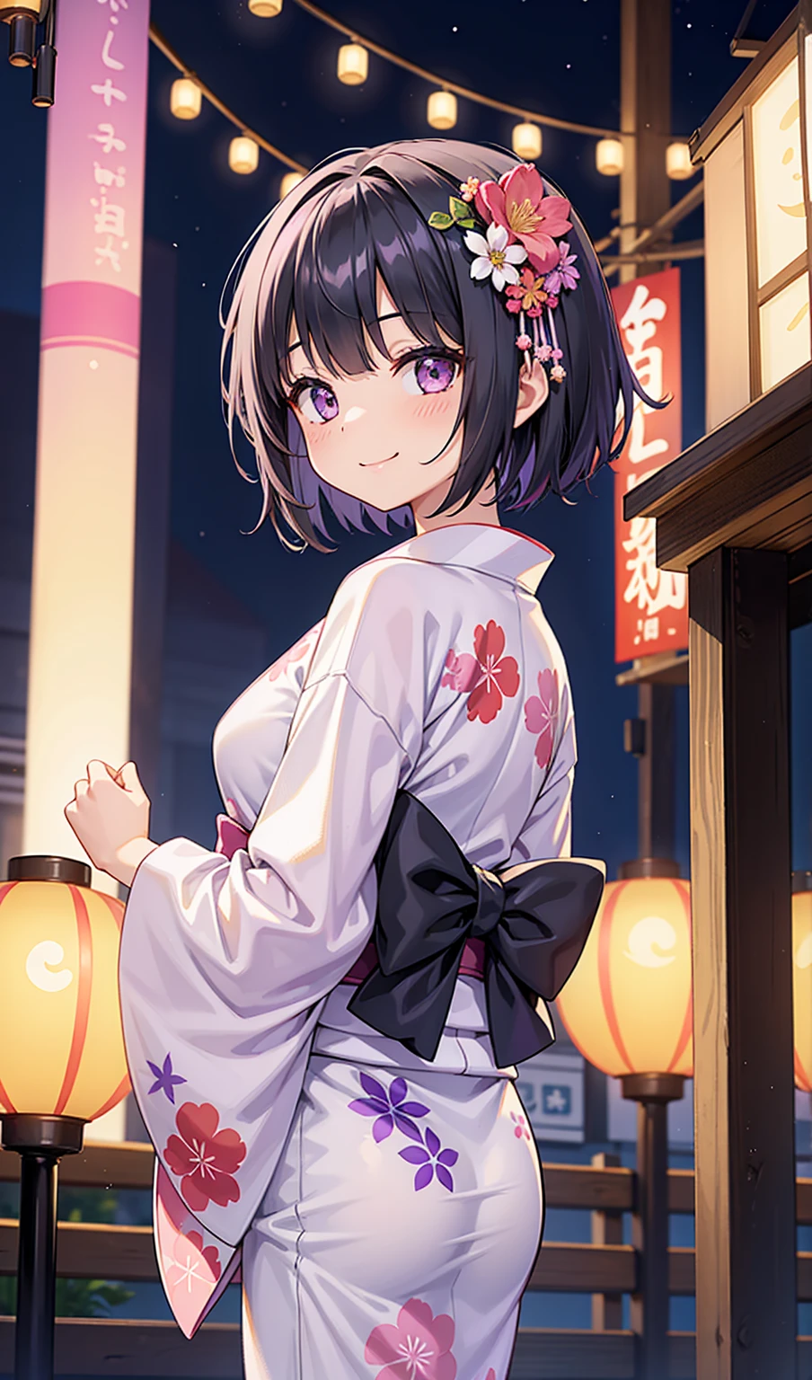 High resolution,high resolution,Girl,Black Hair,Short Hair,Purple Eyes,Slanted Eyes,Bad mood,boyish,slender,Toned body,Water balloons,,Tattoo,Summer festival,Yukata,low length,Starry Sky,choker,,