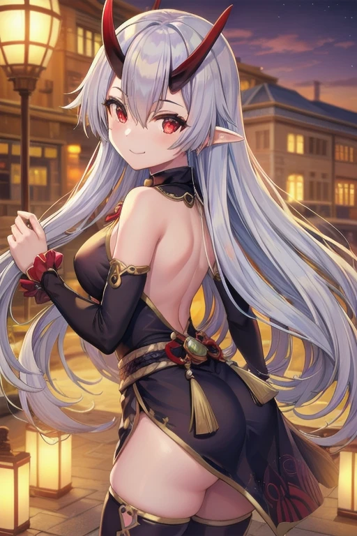 masterpiece, best quality, 1girl, tomoe gozen, torino style, glowing red eyes, smug smile, hair between eyes, silver long hair, elf, oni horns, dress, stockings, high boots, bare back