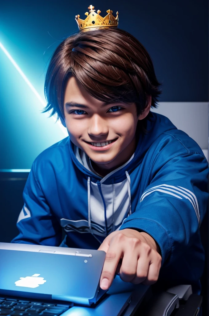 A gaming anime boy is working on a laptop and has money in his hand and there is blue light in the background behind him and he has an attitude smile on his face and there was crown on his head and and he has money on his side