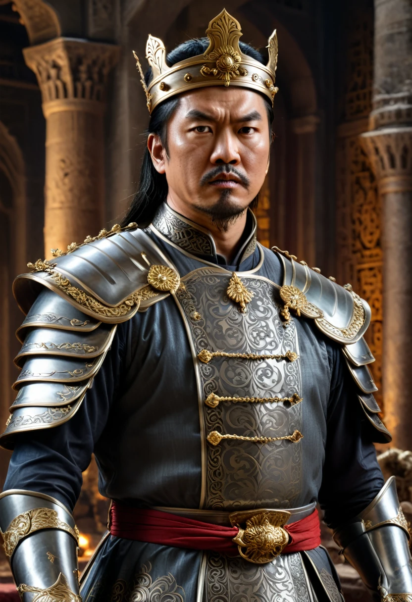 realism, an Asian king faces a once loyal but now betrayed general. His eyes are filled with anger and distrust, and his face shows expressions of anger and questioning. The background is a dim interior of the castle, (masterpiece, best quality, Professional, perfect composition, very aesthetic, absurdres, ultra-detailed, intricate details:1.3)