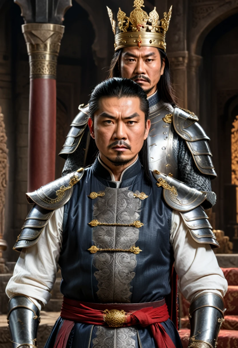 realism, an Asian king faces a once loyal but now betrayed general. His eyes are filled with anger and distrust, and his face shows expressions of anger and questioning. The background is a dim interior of the castle, (masterpiece, best quality, Professional, perfect composition, very aesthetic, absurdres, ultra-detailed, intricate details:1.3)