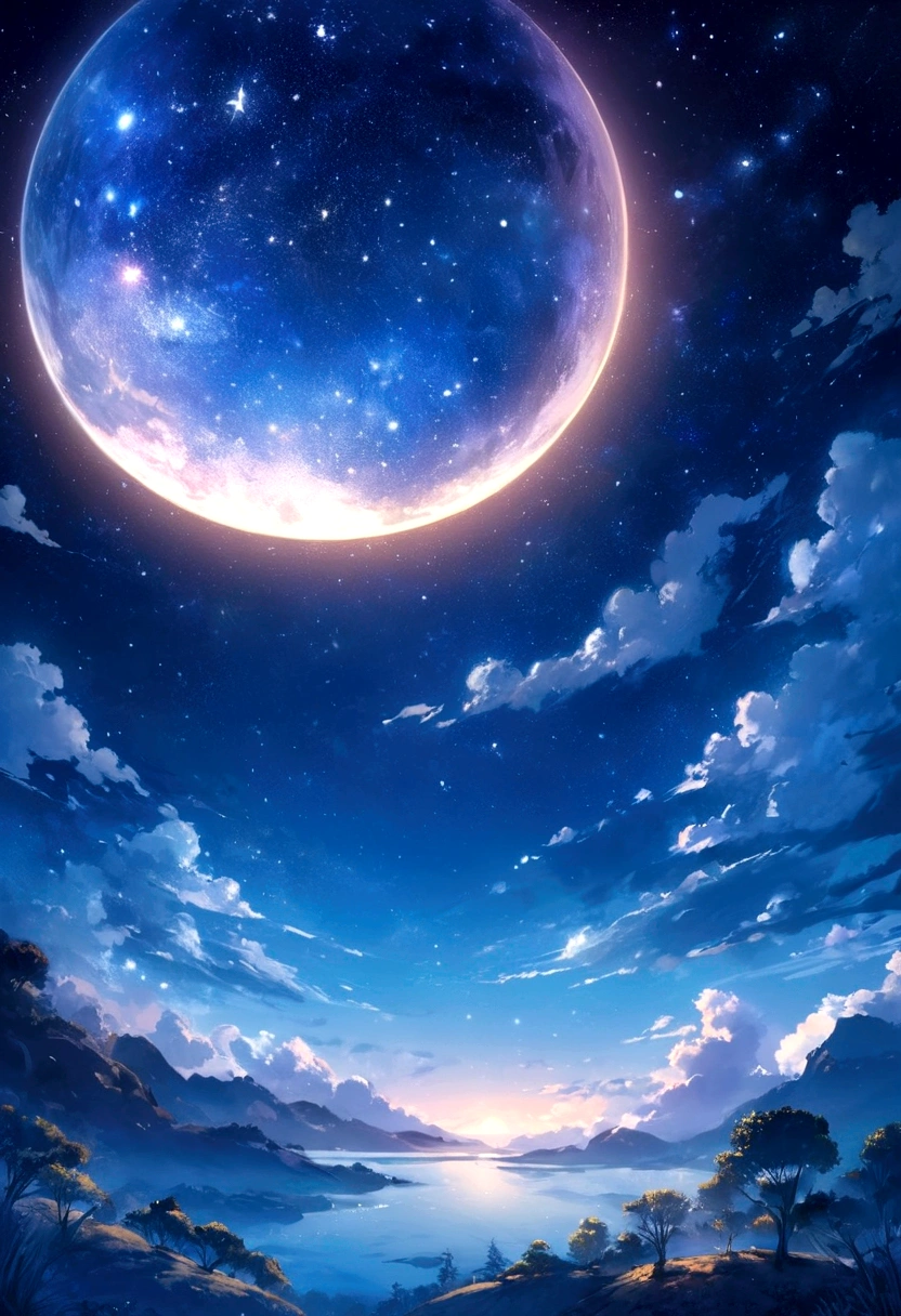 Highly concentrated beauty,Across the sky, Starry Moon Painting, concept art inspired by Tosa Mitsuoki, Pixiv competition winner, Best quality, Fantasy art, beautiful anime scenes, A bright moon, Starry sky environment in moonlight, Dream painting, Anime background art, dream scenery art, Fantastic night, anime backgrounds, background artwork, dreamlike art, Atmospheric anime, Starry sky, Detail enhancement.