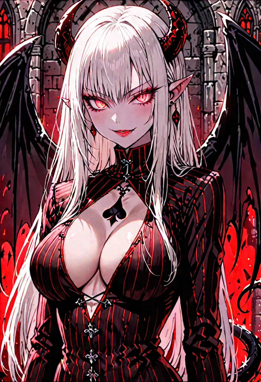 solo, female, long white hair, straight hair, black goat horns, short pointed ears, red eyes, slit pupils, large breasts, tall, medieval, black business suit, red shirt, spade tail, black demon wings, pinstripe suit, succubus, cleavage, smirk, seductive, palatial study, curvaceous