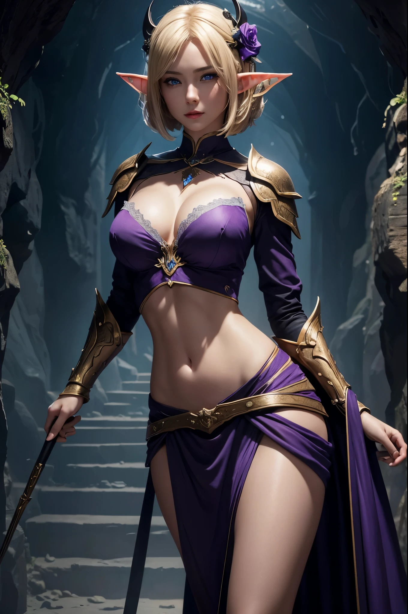 8K,Super beautiful elf with short blonde bob,Alafeid woman wearing gorgeous purple and black breast armor posing with a bow, super detailed fantasy characters, 3D Rendering Character Art, blue eyes,ArtJam ; 3D Unreal Engine, Fantasy Costume,  Stunning Armor, Amazing character art,  Gorgeous Female Paladin,超A high resolution,Ultra-Realistic Skin,Beautiful expression,Sexy appearance,attractive,Beautiful breasts.Elf Ears,Model Chute Style、(the Extremely Detailed CG Unity 8k Wallpapers)、Full body photos of the most beautiful works of art in the world、Front 4 poses、Pearl Skin、diamond、Medieval architecture,trending at artstationh、CG trends、 Dense、Every detail、Sharp focus、Dramatic and realistic painting、Sexy Costumes、Beautiful breasts、blue eyes、Beholder、Beautiful expression、Accentuate your cleavage、Beautiful decoration,Inside the cave,Highly detailed photos, Ultra-high resolution, masterpiece, highest quality,  Perfect lighting, Detailed lighting, Dramatic Shadows, Ray Tracing, Looking at the audience, 美しくEvery detailこだわっ青い瞳, Sharp Face, Clear Eyes, Red lips, ((The dark earth of the underworld)), Upper Body, masterpiece,highest qualityのフォトリアリスティックなRAW写真。Bright colors,Rich colors, Backlight, Cinema Lighting, Film Grain, to be born, 50mm lens, Nikon D850,Detailed character art,Fantasy art,Ultra-high resolution,Ultra-Realistic Skin,Perfect hand shape,Fantastic landscape,Makeup,Hard and strong abs,Possesses a gorgeous purple and black bow,