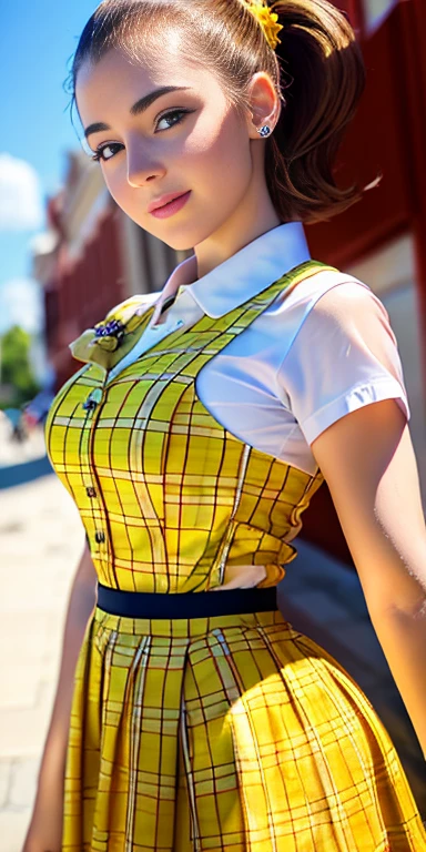 Photo of a 15 year-old European girl, .RAW, very beautiful woman, (Light brown hair ponytail) peinado de cola de caballo, pecas en mejillas , brakets en los dientes , linda sonrisa , gran sonrisa , ((retrato)), ((Cara detallada:1.2)), ((detailed facial features)), (Piel finamente detallada), Pale skin,camisa blanca de manga corta  con flor rosa 、Yellow skirt with plaid pictures , hebilla con figura de flor 、Un sexy(cold color), wet, wet, Reflectores, (Masutepiece) (proporciones perfectas)(fotos realistas)(La mejor calidad) (Detallado) fotografiado con una EOS R5 de Canon, Lente de 50 mm, f/2.8, NffSW, (8k) (papel tapiz) (cinematic lighting) (dramatic lighting) (Sharp focus) (Enrevesado) moda, escenario , sosteniendo marioneta , 15 year old teenager , sexy