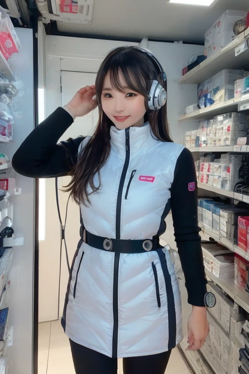 masterpiece, highest quality, Very detailed, 8K Portrait,Japanese Android Girl,plump , Control panel,Robotic arms and legs, Blunt bangs,,break (Metallic Gray, Metallic luster, Mirror finish, Astro Best):5,headphone:5,break (Black sleeves):100,Smart Watches,Futuristic space station,Control Room,break headphone,blue eyes,(Black Hair):2,(Long Hair):1.3,Displaying the viewer,(respirator),break blush:3,Hidden Hand,smile