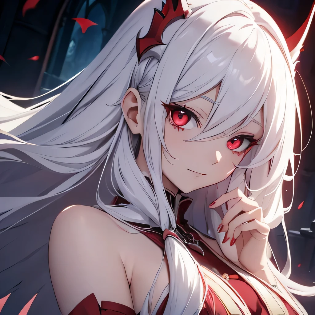 Vampire, anime girl , long white hair , light red eyes , dress , high detailed hand