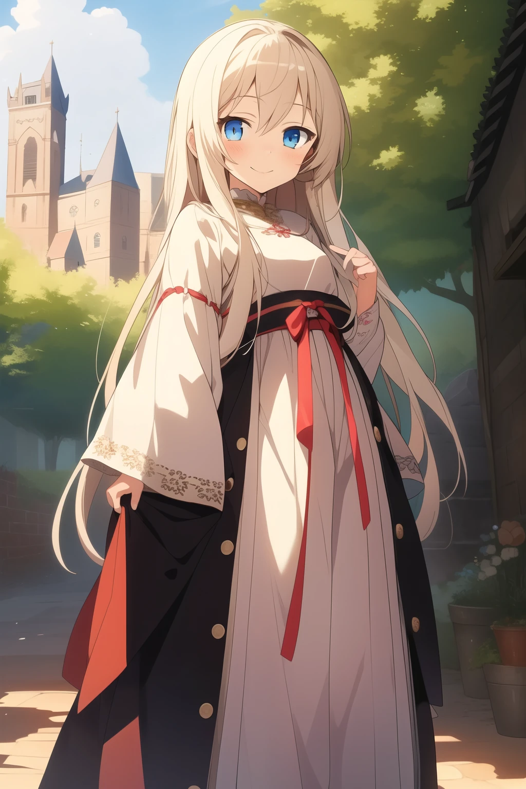 ((best quality)), ((masterpiece)), (detailed), 1girl, anime original character, full-length shot, 10 year-old, young, long white hair, bright blue eyes, weak and poor appearance, weak smile, plain beige outfit, old medieval village