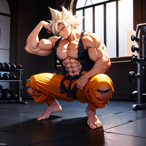 (Eine detaillierte Zeichnung von goku, Bodybuilding-Fitnessstudio.),Anime Bild, With bare upper body, tearing clothes, the strongest of all, huge muscular body, Big Bizeps, large shoulders, Muskelbeine,Abs, Barefoot, Kampfkunst, hoher Tritt, Full body image, Rear view, seitliche Brust, knirschen, beserk, barefoot, foot souls, toes