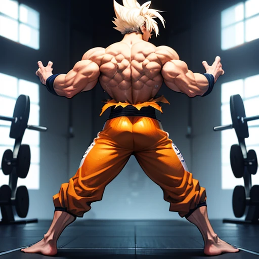 (Eine detaillierte Zeichnung von goku, Bodybuilding-Fitnessstudio.),Anime Bild, With bare upper body, tearing clothes, the strongest of all, huge muscular body, Big Bizeps, large shoulders, Muskelbeine,Abs, Barefoot, Kampfkunst, hoher Tritt, Full body image, Rear view, seitliche Brust, knirschen, beserk, barefoot, foot souls, toes