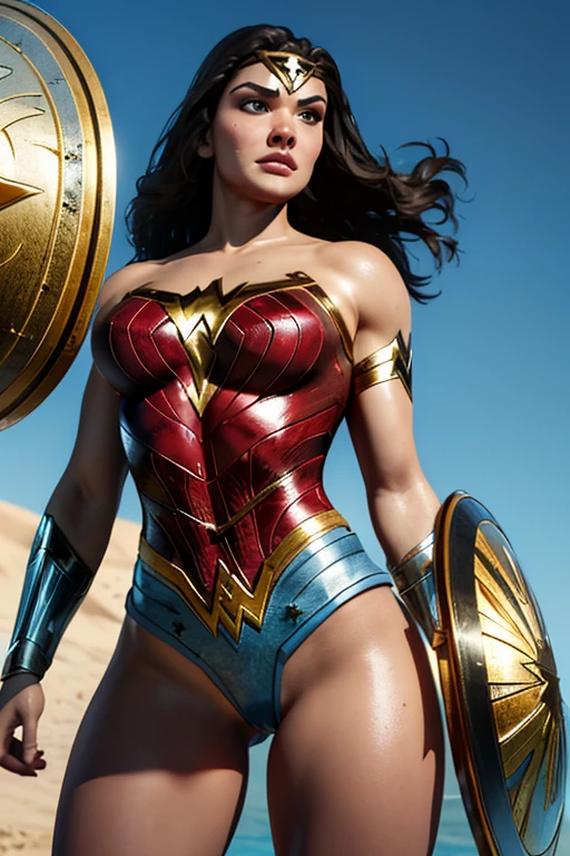 PhotoRealistic Art Style Best Qualit:1.3, Natural Beauty, Masterpiece, Full Body View Visible, Hailee Steinfeld, Perfectly Accurate Face Proportion,Realistic Light Hazel Brown Eyes, Thick Eyebrows, Brown hair, slim toned Thighs, tight ass, perky round breast , slim athletic body type, perfect body type, wonder woman, Defensive Pose with Highlighted Buttocks: Wonder Woman stands firmly with her shield in front. The tight suit outlines her powerful legs and the rounded shape of her buttocks. Her defensive posture, with one hand ready to draw her lasso, accentuates the snug fit of her suit, drawing attention to her athletic physique.