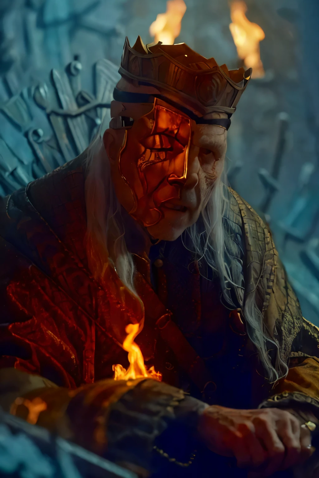 
(masterpiece, best quality:1.2), (((1 Man, male))), (((Cinematic epic poster))) of Sick Viserys ,((old man 80 years old)), ((hotting face)), ((wearing a golden mask on half face, crown on her head)),  sitting on Iron Throne, Gothic style, (((detailed face))), (a detailed RAW photo of a ), (master part:1.0), (best quality:1.4), (Ultra Highres:1.2), (photorealistic:1.4), 8K resolution, Canon EOS R5, 50 millimeters, Absurd, Ultra Detailed, sharp focus, Cinematic lighting, detailed face, (ULZZANG-6500-V1.1), detailed skin texture, pale skin, chest round, (pale :0.5), Cinematic lighting. (((Abstract flame background, cinematic lighting ))) 