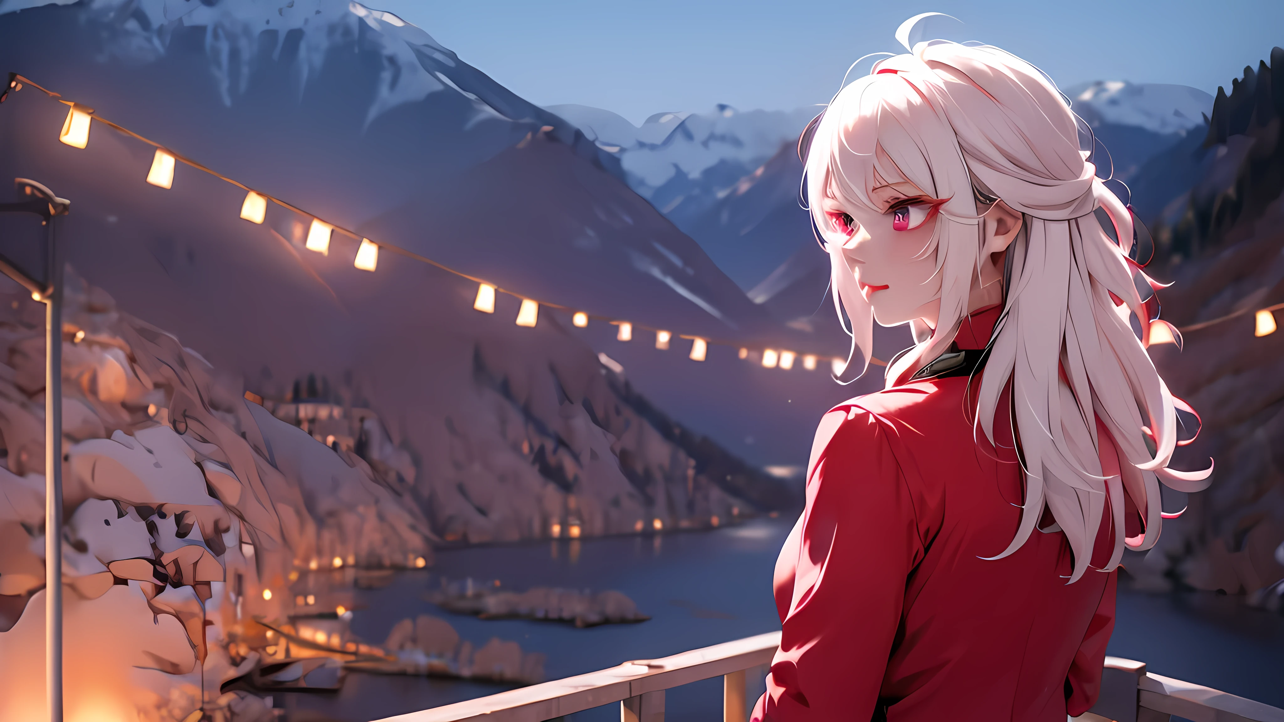 1 girl, medium light white hair, light pink eyes, wearing red suit, city, absurdres, high res, ultrasharp, 8K, masterpiece, looking from behind