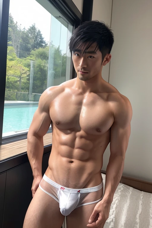 A muscular 30-year-old Japanese man wears wet, see-through white briefs that reveal his dick、Turn your dick to the side