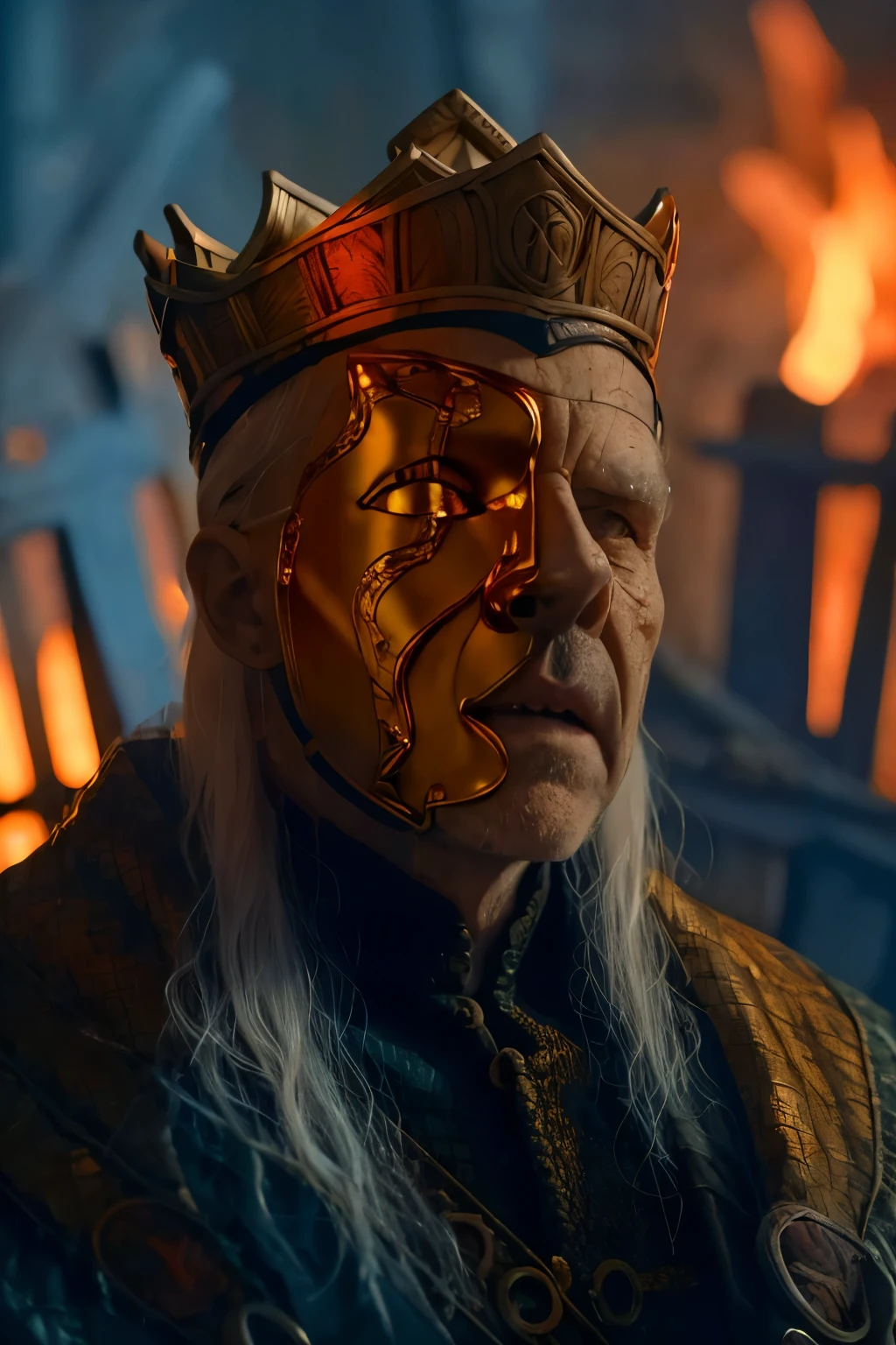 
(masterpiece, best quality:1.2), (((1 Man, male))), (((Cinematic epic poster))) of Sick Viserys ,((old man 80 years old)), ((hotting face)), ((wearing a golden mask on half face, crown on her head)),  sitting on Iron Throne, Gothic style, (((detailed face))), (a detailed RAW photo of a ), (master part:1.0), (best quality:1.4), (Ultra Highres:1.2), (photorealistic:1.4), 8K resolution, Canon EOS R5, 50 millimeters, Absurd, Ultra Detailed, sharp focus, Cinematic lighting, detailed face, (ULZZANG-6500-V1.1), detailed skin texture, pale skin, chest round, (pale :0.5), Cinematic lighting. (((Abstract flame background, cinematic lighting ))) 