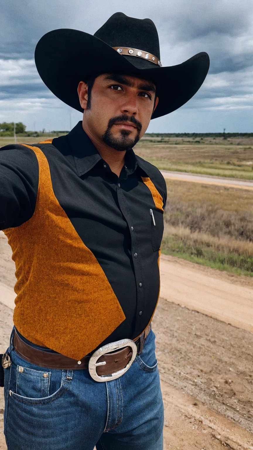 American ethnicity Storm Chaser guy from Del Rio, Black hair, Cowboy hat, collared shirt, large belt buckle, looking away from viewer, storm in background, selfie