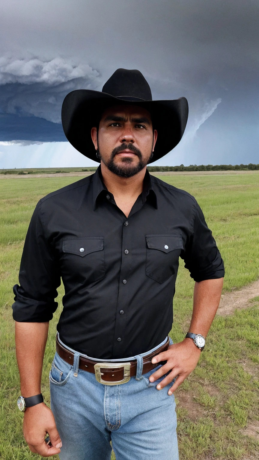 American ethnicity Storm Chaser guy from Del Rio, Black hair, Cowboy hat, collared shirt, large belt buckle, looking away from viewer, storm in background, selfie