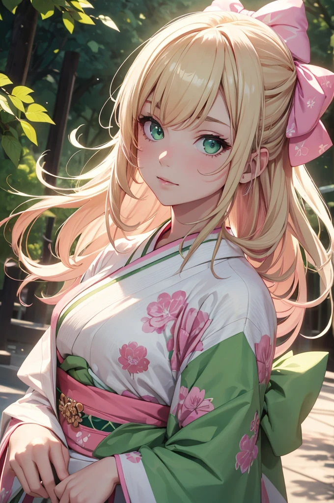 8K, Best Quality, Masterpiece, Ultra High Resolution, 1 Girl, Beautiful Eyes, Light Green Eyes, Face Details, Pink Hair, Blonde Hair, Long Hair, Hair Bow, White Kimono, Pastel Kimono Pattern, Standing Outside, Pale Skin, Masterpiece, Best Quality, Upper Body, Looking at the Viewer