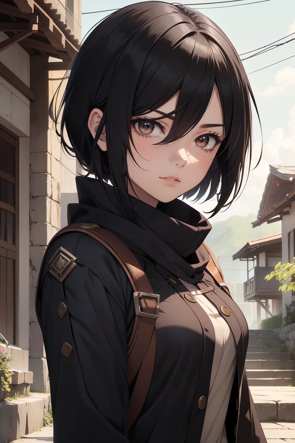 1. **Score_9**: An awe-inspiring rendering of Mikasa Ackerman, showcasing her unparalleled resilience and grace in a Minakami style portrait. She's casually perched on the steps of a quaint village, adorned with dark, flowing black hair and donning sunglasses. The intricate details, from the cascading locks to the subtle wrinkles around her eyes, are flawless, earning the highest score.

2. **Score_8_up**: A breathtaking depiction of Mikasa Ackerman, captured in a Minakami style portrait while she casually graces the steps of a rust