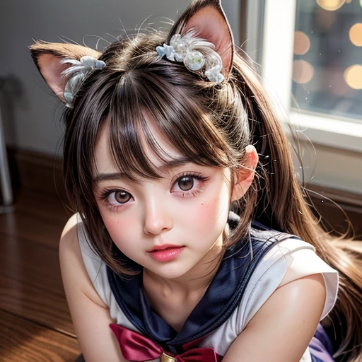 , 8k, High-level, absurd, masterpiece, best quality, primitive, very detailed CG, very detailed wallpaper, perfect lighting, Extremely detailed (((The personifying " Sailor chibi Moon " as a Little Girl))), MysticSight, Tyndall effect, Tyndall scattering, Studio gray background with (many Dazzling RainbowColor particles BokeH:1.28), (RoundlyButts, ThighGap), (:0.4), ( with looking ahead), BREAK (NOGIZAKA face variations) Extremely Detailed very KAWAII face variations, perfect , Childish, captivating gaze, elaborate detailed Eyes with (sparkling highlights:1.28), long eyelashes、Glossy RED Lips with beautiful details, Coquettish tongue, Rosy cheeks, Radiant PearlSkin with clear transparency . { (Dynamic LifeLike expressions:1.4) | :d) }, (large eyes:-1) .