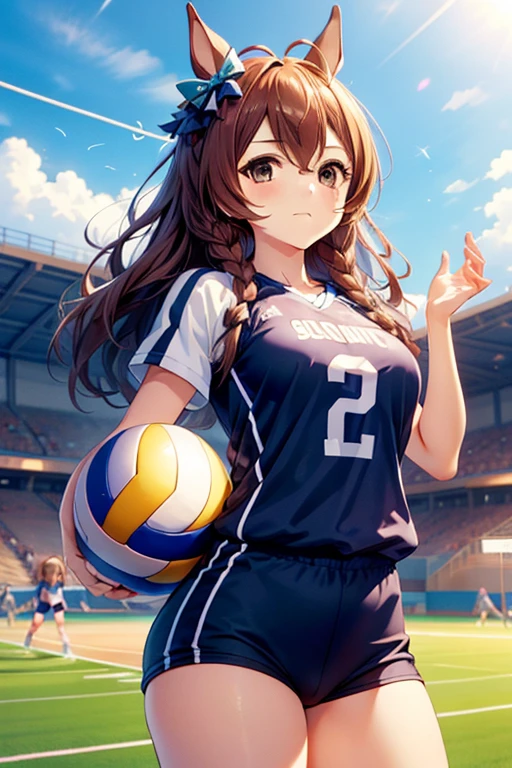 mejiro_bright_(umamusume), volleyball, multiple girls, sportswear, stadium