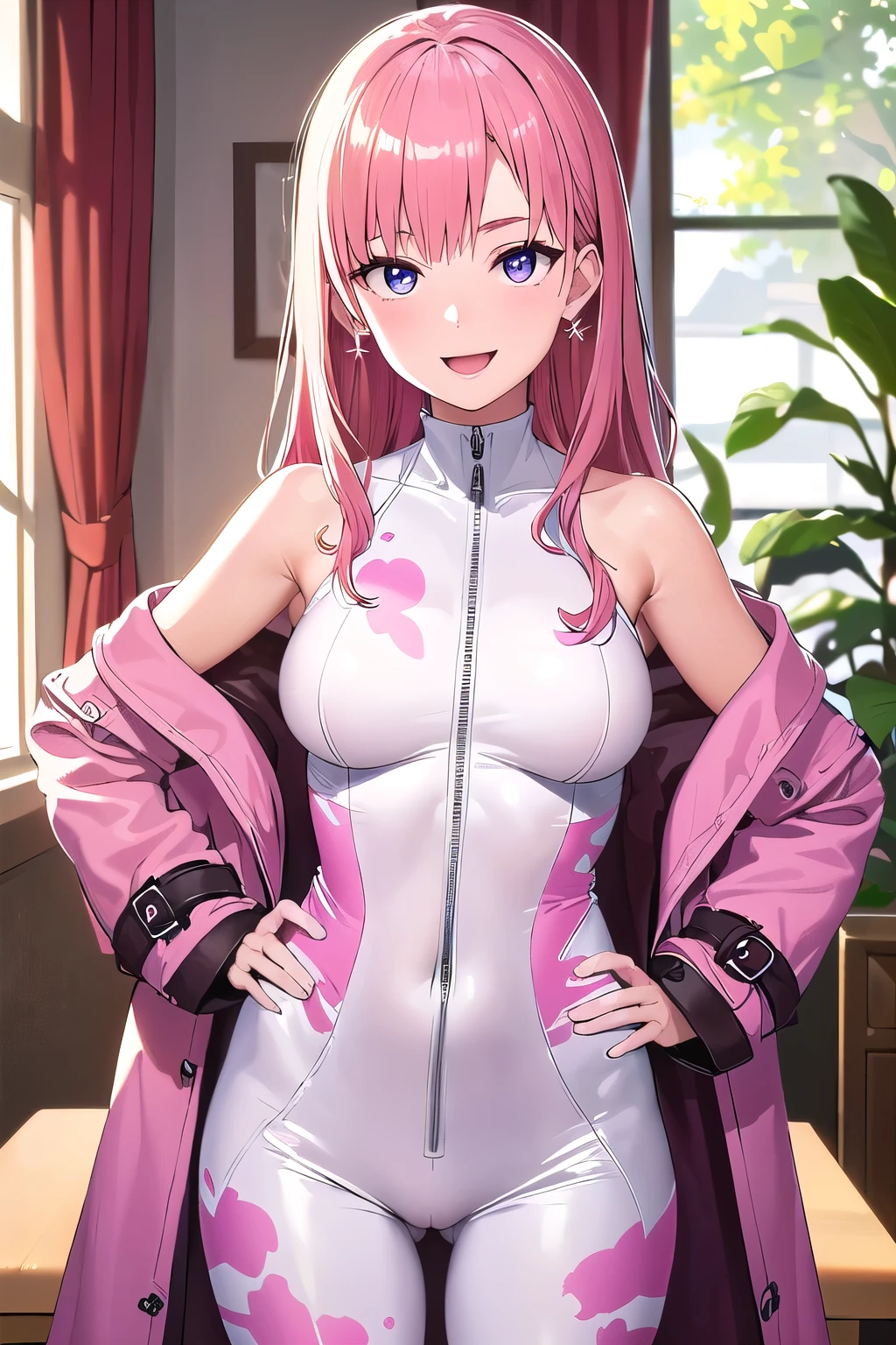 (8K, top-quality, masterpiece:1.2), (reallistic, Photorealsitic:1.37), Super Detail, One girl,), (Highly detailed), (beautifully detailed eyes), (of the highest quality), (super detailed ), (masterpiece), (Detailed face),20yr old, ,1 girl, ((pink hair,long hair)), medium breasts, clothed, Perfect Lighting, BREAK, (glossy bodysuit:1.5), (geometric patterns:1.1), (abstract prints:1.1), (stretchy fabric:1.2), (long trench coat:1.3), (off-shoulder bodysuit:1.1), (cutouts:1.1), (high-cut legs:1.1), (tight-fitting:1.2), (mesh:1.1), (bold prints:1.1), (pointy toe pumps:1.2), (statement earrings:1.1), BRAKE, (upper body:1.2), (long pink hair:1.2), (loose waves:1.1), (side-parted bangs:1.1), (smile:1.2), (cheerful:1.3), (hand facing camera:1.1), (arm on hip:1.1), (stylish room:1.3), (warm natural light:1.2), (bright walls:1.1), (modern furniture:1.1), (plants:1.1), (soft background blur:1.1)
