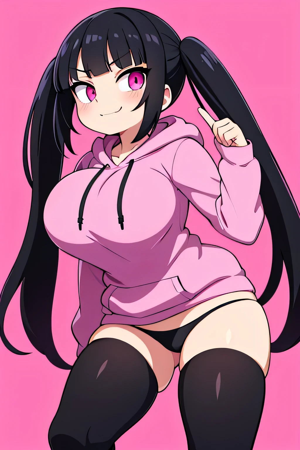 best quality, expressive eyes, perfect face, black hair, long twintails, straight bangs, pink eyes, smirking expression, pink hoodie, black thigh highs, pink lips, black panties, big breasts, adult, pinching finger, evil 