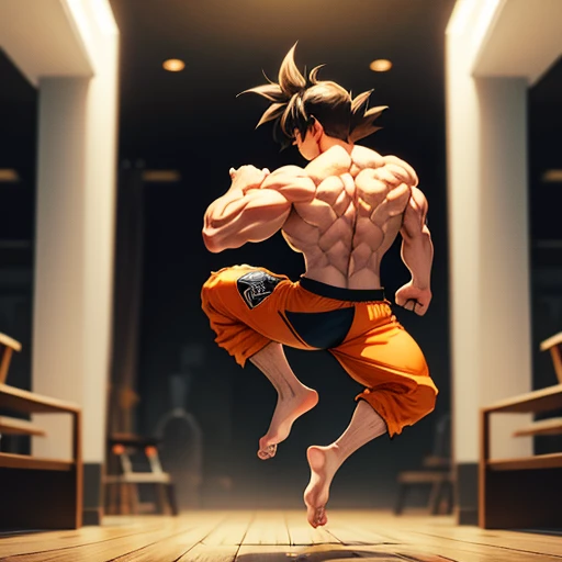 (Eine detaillierte Zeichnung von goku, Bodybuilding-Fitnessstudio.),Anime Bild, With bare upper body, tearing clothes, the strongest of all, huge muscular body, Big Bizeps, large shoulders, Muskelbeine,Abs, Barefoot, Kampfkunst, Kick foot, Full body image, Rear view, seitliche Brust, knirschen, beserk, barefoot, foot souls, toes