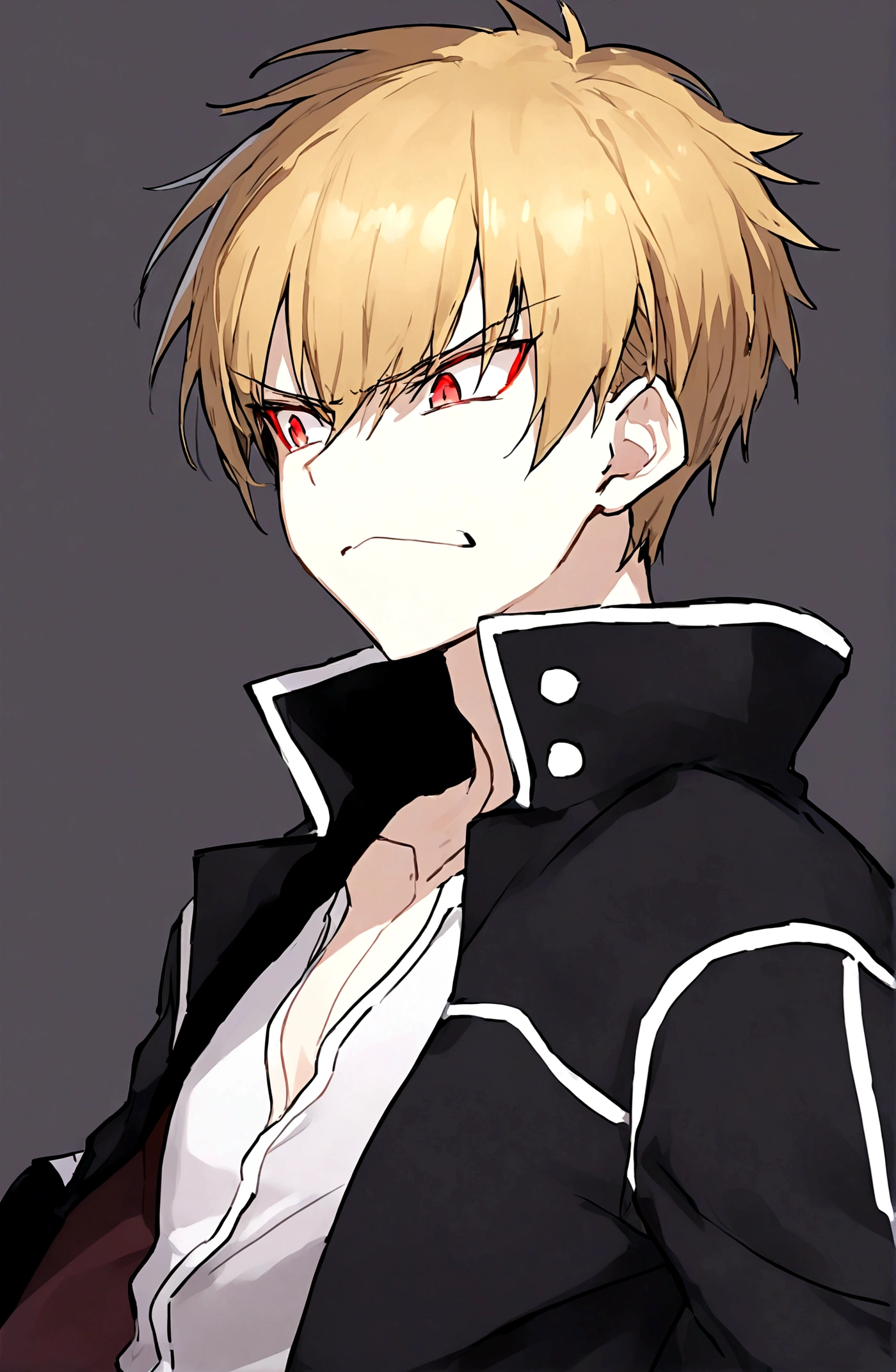 1boy,blond,Red Eyes,黑色jacket,白色shirt,Gray background,jacket,Male focus,Open clothes,打开jacket,Red Eyes,shirt,Disgusted look,arrogant,Cold,Gilgamesh,solo,Upper Body