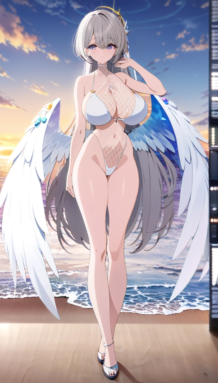 translucent, Good velvet quality, Compared, Divine Light,, Silver gray hair, Sky background, Absolute Strength,Female angels，Wings with the right proportions，Wear sexy bikinis的女孩, at the seaside, Colorful jewel-like eyes.，Large Breasts，Full breasts，Golden ratio figure，Perfect body，Ultra wide-angle shooting，Full body shot，Body close-up，Look at the audience，, Wear sexy bikinis, Model shooting style, Large Breasts，Full breasts，Golden ratio figure，Perfect body，(Extremely detailed CG 8k wallpaper unit), The most beautiful artistic photos in the world, , 8K Ultra HD, Digital SLR Camera, soft light, high quality, Film Grain, Fujifilm XT3 Clear focus, f 5.6, High Detail, Clear focus, Dramatic, (Wearing openwork clothing), (Looking at the audience:1.2), (Natural light), (Tempting)