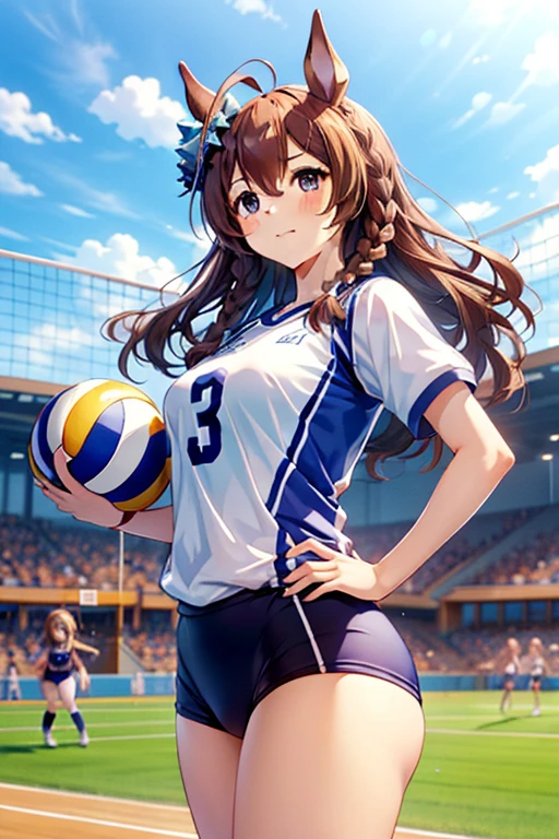 mejiro_bright_(umamusume), volleyball, multiple girls, sportswear, stadium