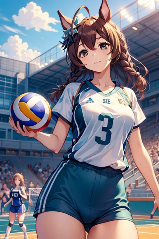 mejiro_bright_(umamusume), volleyball, multiple girls, sportswear, stadium