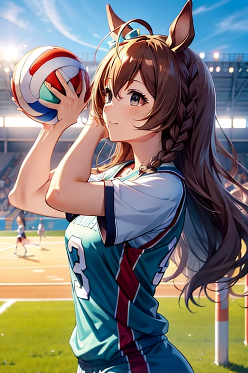 mejiro_bright_(umamusume), volleyball, multiple girls, sportswear, stadium