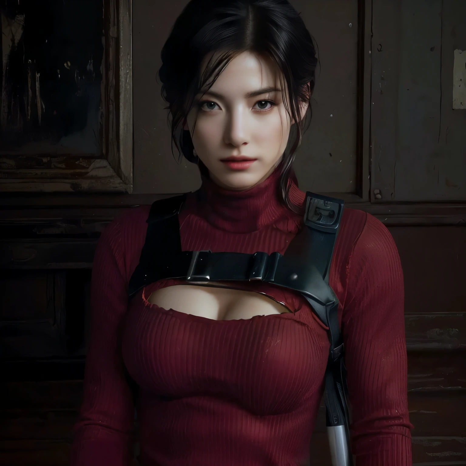 a close-up of a woman in a red sweater holding a knife, portrait of Tifa lockhart, Tifa lockhart, tifa lockheart, supermodelo em Silent Hill, Tifa lockhart portrait, glamorosa Jill Valentine, plano de fundo do jogo Resident Evil, deayami kojima, tifa, glamorosa tifa lockheart, Aerith Gainsborough, seductive Tifa lockhart portrait