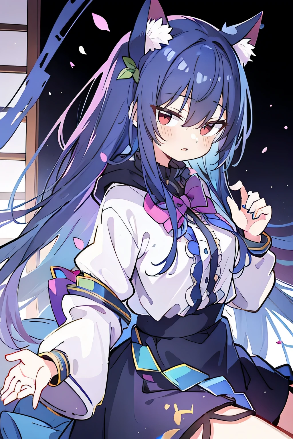 (masterpiece:1.2),Super detailed,lifelike,Expressive eyes,fair skin,perfect face shape,1 girl,
Japanese comics,Gorgeous blue hair,flowing blue hair,flowing clothes,Cat ears,Petals fall,beautiful lola,Baby Angel,
Shaking head with one hand,Cross your legs,Gentle and peaceful background,The pavilion is cool and comfortable,smile, wearing hoodie, background of tokyo,back views,snowing, winter,lie on the water. (Best Quality: 1.3), (Masterpiece: 1.3), (Illustration: 1.3), (Ultra Detailed: 1.3), (Imide Lens: 0.9), 1girl, Medium Breasts, Purple Eyes, ((Dark Blue Hair) ), hair accessories, young, clothing-gladiia, long hair, dark blue hair, indoors, black shorts, high socks, low ponytail, expressionless, upper body, close-up, coat, skirt,
