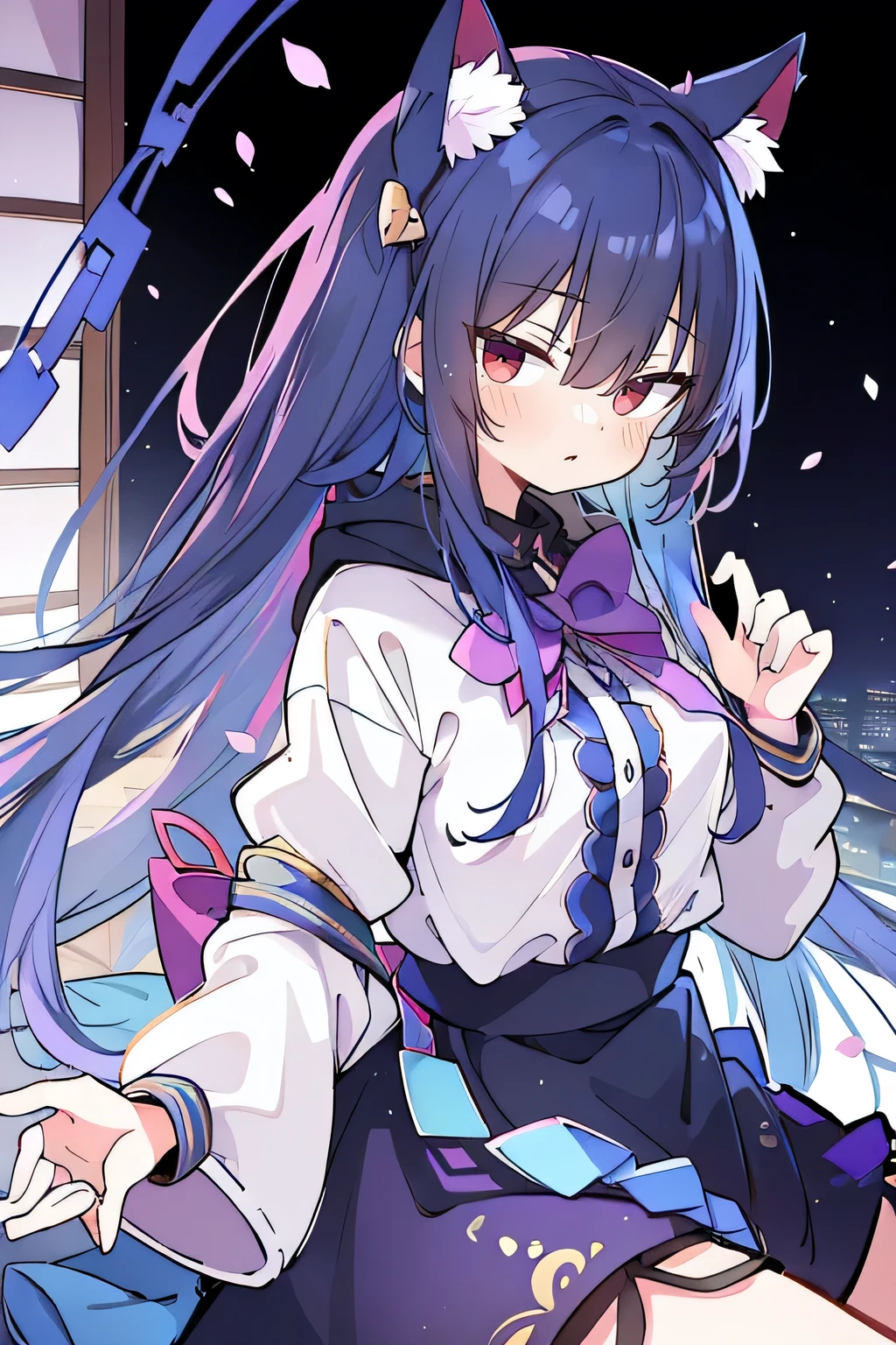 （masterpiece：1.2），Super detailed，lifelike，Expressive eyes，fair skin，perfect face shape，1 girl，
Japanese comics,Gorgeous blue hair,flowing blue hair,flowing clothes,Cat ears,Petals fall,beautiful lola,Baby Angel,
Shaking head with one hand，Cross your legs，Gentle and peaceful background，The pavilion is cool and comfortable,smile, wearing hoodie, background of tokyo,back views,snowing, winter,lie on the water. (Best Quality: 1.3), (Masterpiece: 1.3), (Illustration: 1.3), (Ultra Detailed: 1.3), (Imide Lens: 0.9), 1girl, Medium Breasts, Purple Eyes, ((Dark Blue Hair) ), hair accessories, young, clothing-gladiia, long hair, dark blue hair, indoors, black shorts, high socks, low ponytail, expressionless, upper body, close-up, coat, skirt,