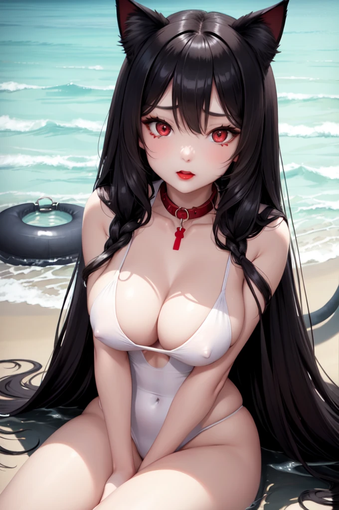 Detailed facial details,1 girl、Cat ear,Black long hair,red lips,Large Breasts,Slim,Wearing a white water tight swimsuit,Silk fabric wrapped around the body,Slim,Charming red eyes,,handcuffs,collar,Radiant Skin,The facial details are very detailed, Sitting on the beach,seaside