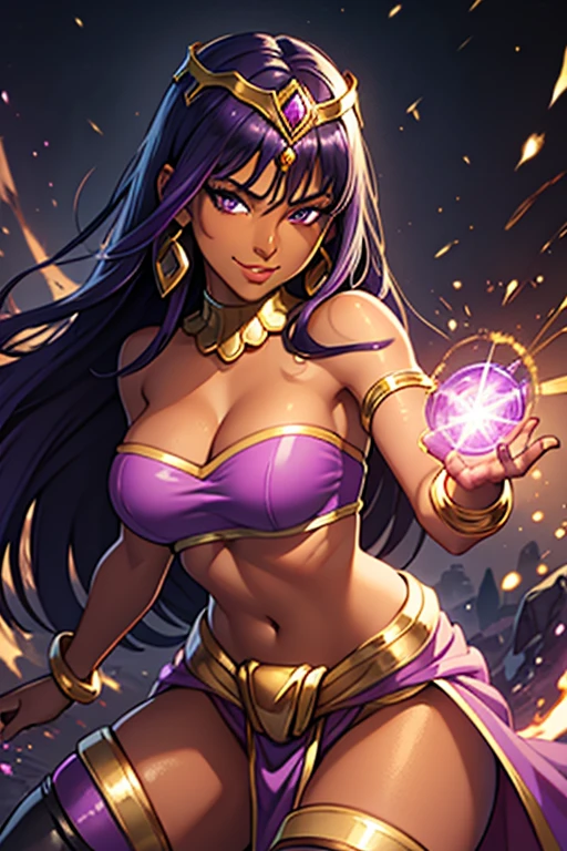 (best quality:1.3), (4K quality),masterpiece, best quality, high res, detailed, (Detailed face:1.2), (Detailed eyes:1.2), solo, 1girl, 25 year old woman, Sorceress, Fantasy, (Dark Skin:1.4), Purple eyes, Purple Hair, Pink Hair, Long Hair, covered in tattoos, (Wearing: strapless top, loincloth, golden bracelets, golden head piece, knee high boots:1.2), looking at viewer with an amused smile, both hands glowing bright purple, purple magic, bright purple sparks in both hands, standing, style artgerm, extremely detailed artgerm,